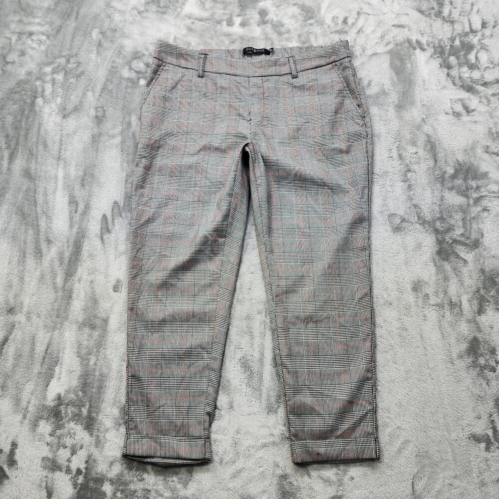 One 5 One Pants Womens L Black Red Plaid Pull On Mid Rise Slim Crop‎ Cuffed Hem